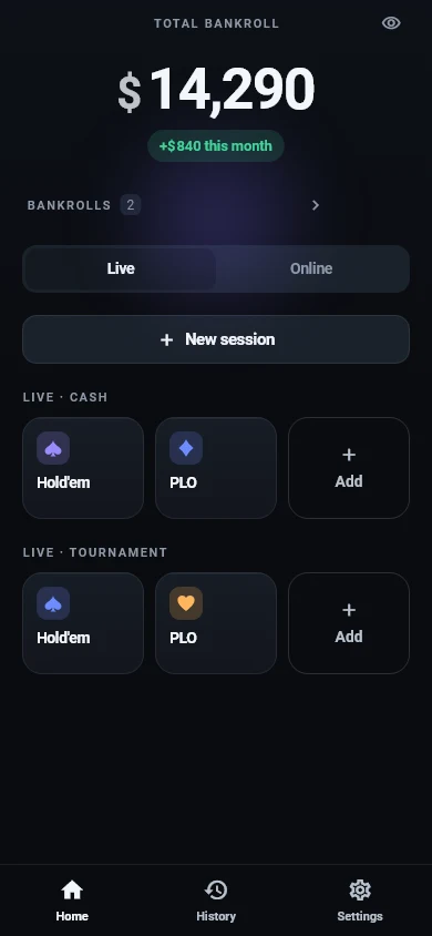 App screenshots shown in English. Available, In Play, Total Bankroll.